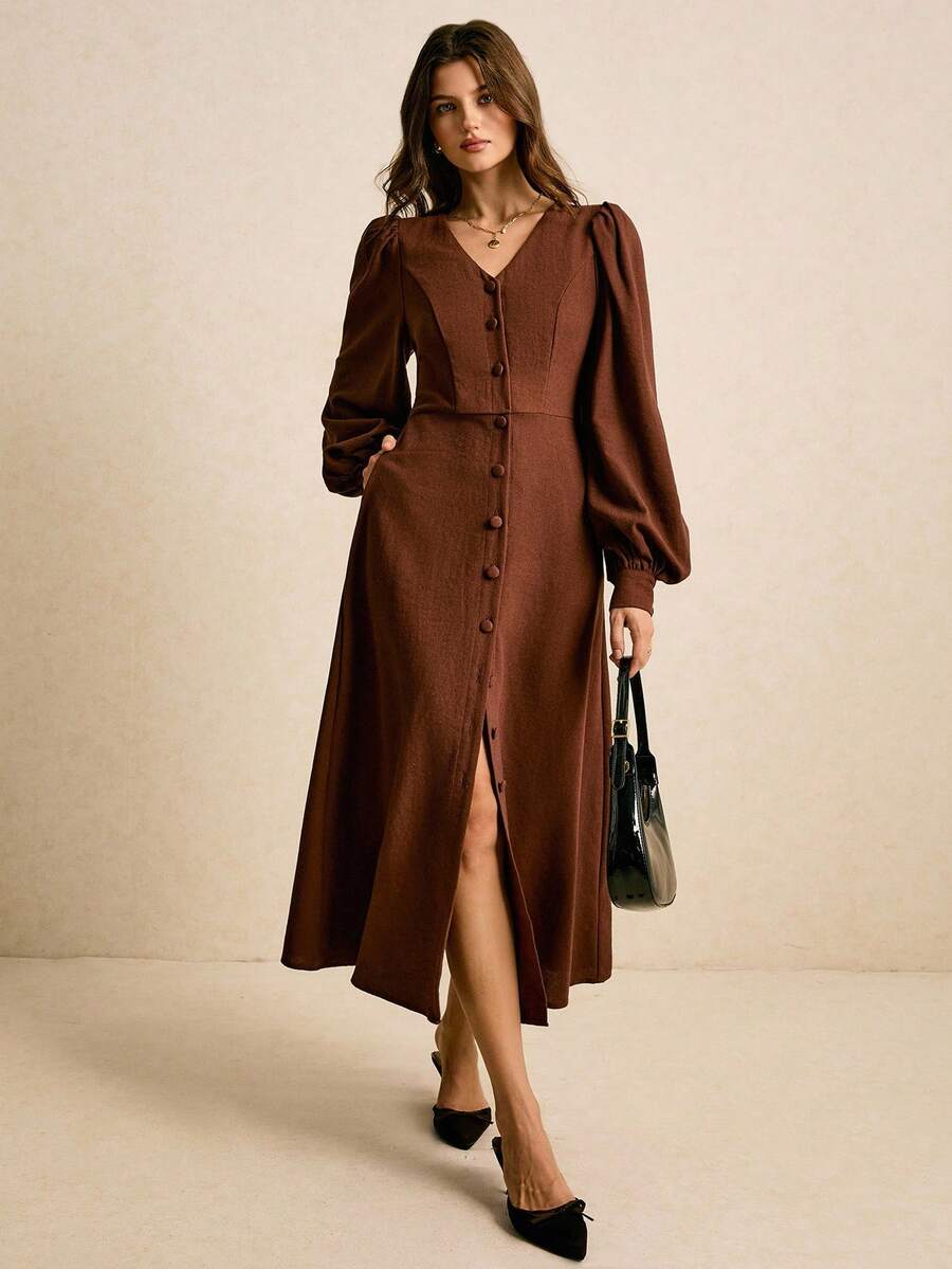 Poéselle 女式纯色V领泡泡袖前扣优雅中长连衣裙 - 棕色 - 查看 1
