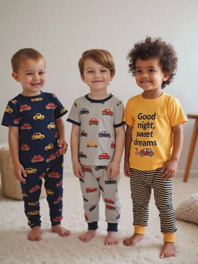 SHEIN 3pcs Baby Boys' Cartoon Car All-Over Print Short Sleeve Top & Long Pants Comfy Casual Outfit Set