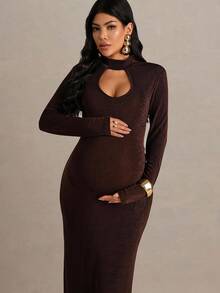 MaterniChic Đầm suông dáng suông cổ đứng tay dài màu trơn cho bà bầu - màu nâu - Xem 3