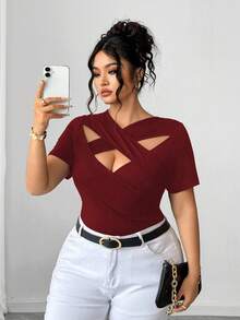 Elenzga 大码女式性感V领交叉短袖镂空系带T恤 - 酒紅色 - 查看 6