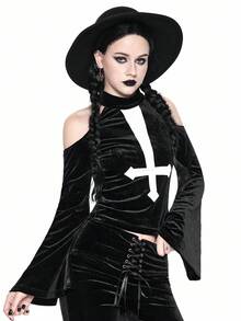 ROMWE Goth Gothic Dark Style Halloween, Inverted Cross Embroidery Off-Shoulder Flare Sleeve Velvet Crop Top For Women