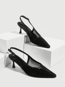 CUCCOO SZL 女士尖头细高跟鞋黑色网眼水钻时尚性感派对礼服高跟鞋带踝带 - 黑色 - 查看 2