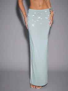 Hauture Women's Sexy Night Out Party Going Out Y2K Rhinestone Decor Cropped Fitted Bandeau Top - Dusty Blue - View 3