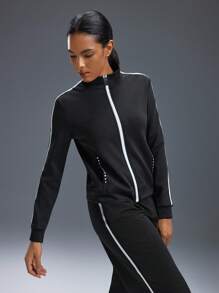 Powerista Chaqueta deportiva de manga larga con cremallera y cuello de capa de aire, corte holgado para mujer - Negro - Ver 4