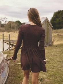 Aralina Fall Winter Elegant Chic Crew Neck Shirred Body And Sleeve Textured Fabric Detail Long Sleeve Cute Going Out Babydoll Mini Dress Vacation Dress Thanksgiving Festival Outfits - Coffee - View 3