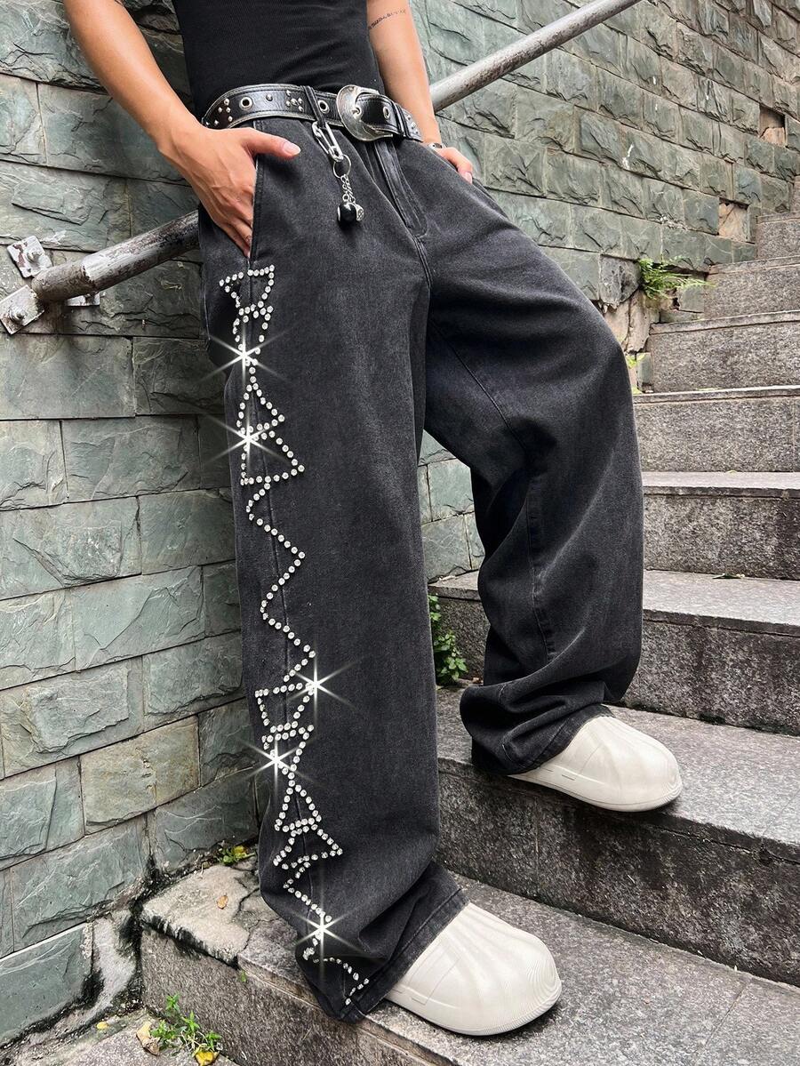 Manfinity EMRG 大码男士休闲水洗水钻装饰牛仔裤 - 黑色 - 查看 1