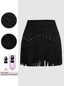 SHEIN Tall CURVE Plus Size Women's Vintage Hippie Rivet Fringe Black A-Line Skirt, Fall Winter Skirt, Summer, Valentine,Daily Life, Commuting, Studying, Teachers, Meetings, Office,Graduation Ceremony, Elegant, Casual,Black Skirt - Black - View 1