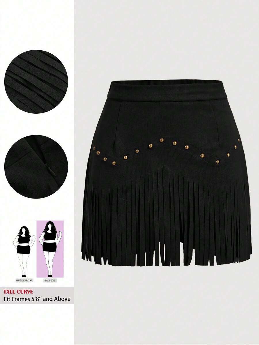 SHEIN Tall CURVE Plus Size Women's Vintage Hippie Rivet Fringe Black A-Line Skirt, Fall Winter Skirt, Summer, Valentine,Daily Life, Commuting, Studying, Teachers, Meetings, Office,Graduation Ceremony, Elegant, Casual,Black Skirt - Black - View 1