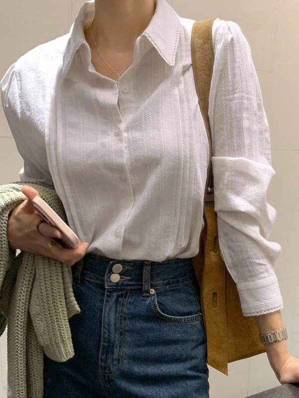 DAZY 纯色纽扣前衬衫，长袖上衣秋季
