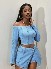 Slaydiva 女式露肩长袖钢柱印花短款修身牛仔上衣 - 藍色 - 查看 4