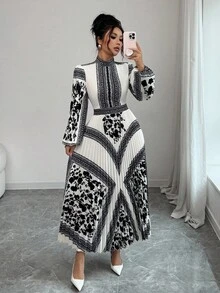 Elenzga 女士印花腰部褶边立领优雅日常通勤商务法式浪漫约会派对圣诞节节日灯笼袖长袖连衣裙，秋冬 - 彩色 - 查看 7