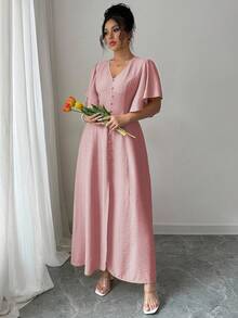 Elenzga 大码女式春夏法式优雅通勤休闲度假下午茶波西米亚风 V 领纽扣装饰 A 字开衩喇叭袖长裙 - 粉色 - 查看 4