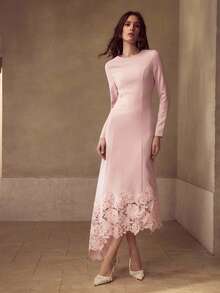 MOTF PREMIUM CONTRAST LACE ASYMMETRICAL HEM DRESS - Pink - View 1