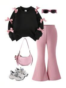 SHEIN 2pcs/Set Young Girl' Minimalist Fashion Pink Bow Black Top And Pink Pants Sweatsuit Set Fall Winter