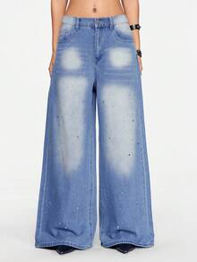 ROMWE Street Life Women's Casual Everyday Washed Rhinestone Embellished Wide Leg Jeans