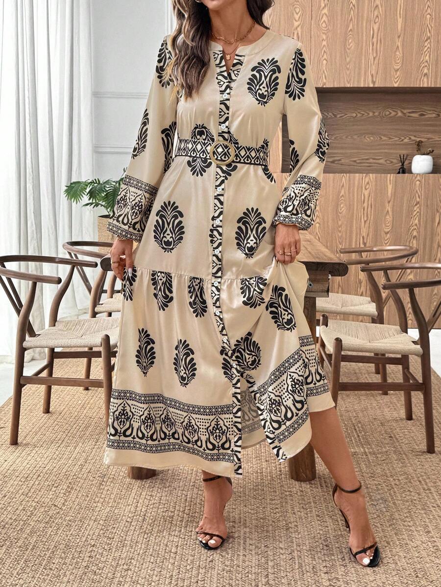 EMERY ROSE Đầm Maxi Tay Dài Cổ Chữ V Dáng Ôm, Thanh Lịch, Rộng Rãi, Họa Tiết Hoa Cho Nữ - Màu Khaki - Xem 1