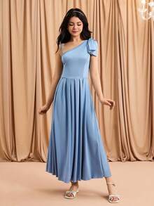 Teen Girls Elegant Fashionable Minimalist Asymmetric High Waist Long Solid Color Satin Fabric Bow Design Prom, Christmas Party, Halloween Event Dress - Blue - View 3