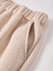 SHEIN 1 套青少年男童休闲格子提花圆领长袖上衣和裤子，常规厚度，日常穿着，秋季 - 杏色 - 查看 6