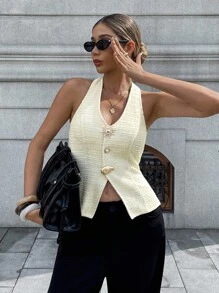 Chiquease Parte superior elegante y sexy de tweed color albaricoque con cuello halter y espalda descubierta, para usar de vacaciones, estilosa y elegante, para salir, usar en Ibiza, conciertos, estilo bohemio, oficinas, con botones metálicos asimétricos y aberturas delgadas, estilo de dinero viejo, para otoño - Albaricoque - Ver 6