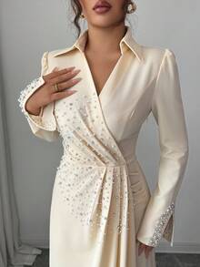 Elenzga 珍珠装饰优雅浪漫修身腰部 A 字形长袖开衩领女式连衣裙 - 杏色 - 查看 5