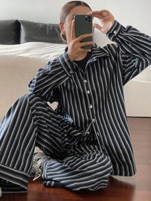 DAZY Autumn/Winter New Loose Casual Striped Relaxed Style Women 2 Pieces Set Lounge Sets For Women - Navy Blue - View 7