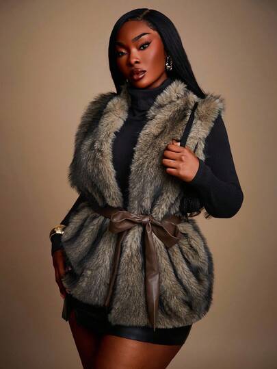 Radiana Plus Size Women's Sleeveless Waist Cinched Faux Fur Jacket, Suitable For Sexy Office Siren Coquettish, Prom, Ball, Valentine's Day, Cruise Attire, Commuting, Business, Retro, Party, Resort, Outing, Old Money, Richly Layered, Date Night, Gathering, Minimalism, Birthday, Formal Event, Gyaru, Ibiza, Nashville, Break, Modest, Chic, Casual, Shopping, Streetwear, Going Out, , Accent Your Body, Flatter The Figure In Fall/Winter