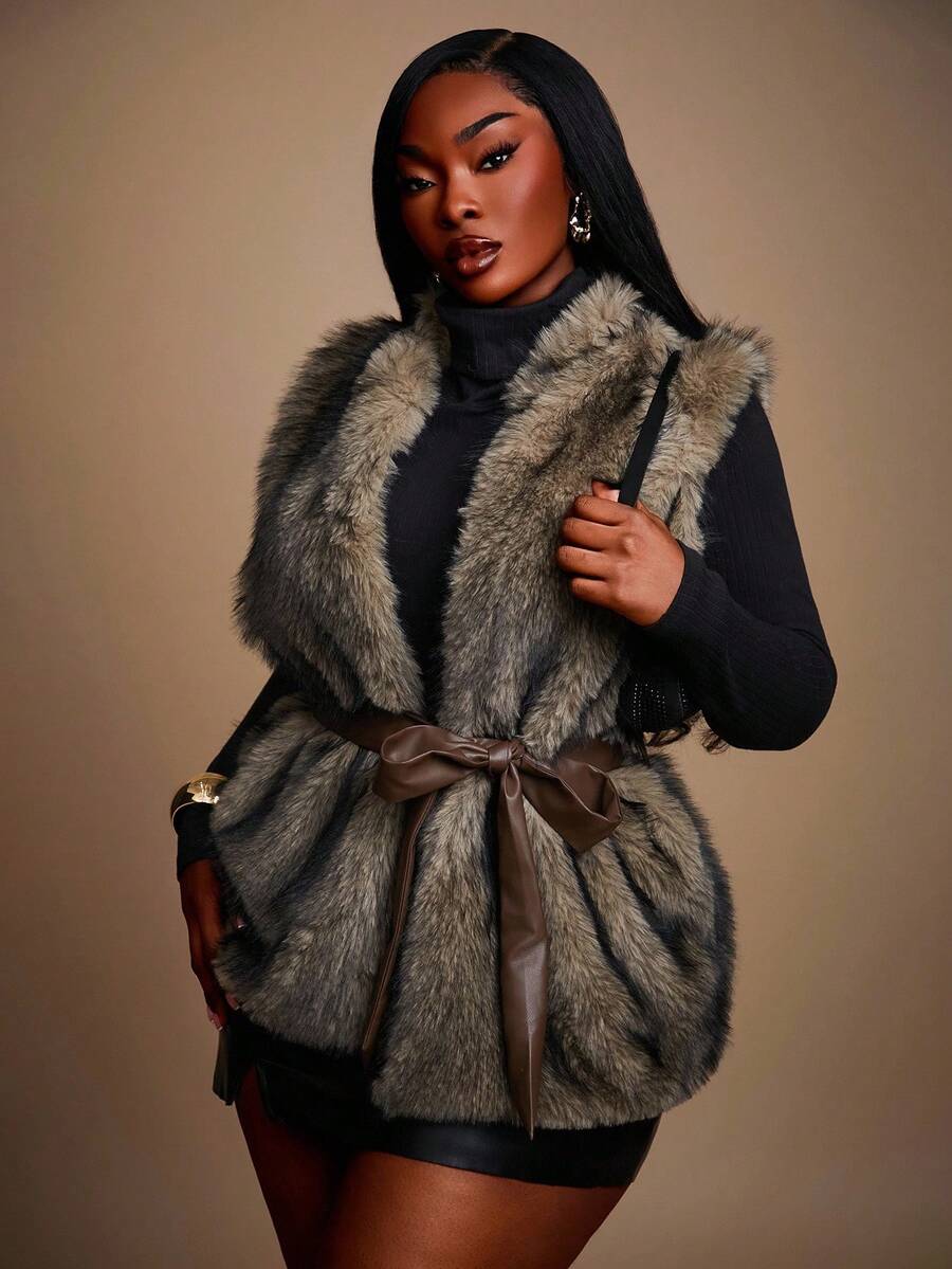 Radiana 大码女式无袖腰部收紧人造毛皮夹克，适合性感办公室风骚、舞会、舞会、情人节、邮轮装束、通勤、商务、复古、派对、度假、郊游、老钱、丰富层次、约会之夜、聚会、极简主义、生日、正式活动、辣妹、伊比沙岛、纳什维尔、假期、端庄、别致、休闲、购物、街头服饰、外出、凸显您的身材，在秋冬季展现迷人身材 - 灰色 - 查看 1