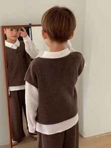 Hapijoa 2pcs/Set Toddler Boys Minimalist Sleeveless Top And Straight Leg Pants, Casual Loose Outfit, Autumn - Brown - View 2