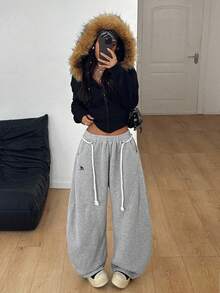 Coolane 女士秋冬街头服饰 返校风 学院风 休闲 保暖舒适 法式灰色 弹性腰带 弧形下摆 裤子 - 淺灰色 - 查看 2