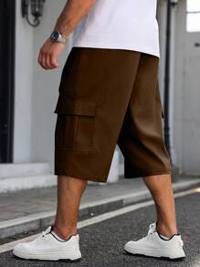 Manfinity Homme 纯色休闲抽绳男式加大码七分裤 - 棕色 - 查看 2