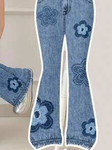 SHEIN Vintage Floral Print Casual Loose Tween Girl Short Sleeve Crew Neck T-Shirt And Flare Pants 2 Piece Set, Suitable For Autumn