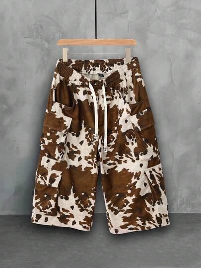 Street Life Pantalon cargo 3/4 pour hommes avec imprimé en suède à blocs de couleurs et motif de cerf