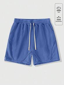 ROMWE MEN Street Life Quần short nam dáng rộng, màu trơn, có dây rút, túi eo - Màu xanh lam - Xem 6