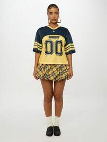 SUMWON WOMEN Varsity Jersey College Style Sporty Cheerleader Top Nostalgic Y2K Fashion Oversized Relaxed Number Print School Spirit Aesthetic Bold Casual Streetwear Prep School Retro Vibe Team Look - Yellow - View 5