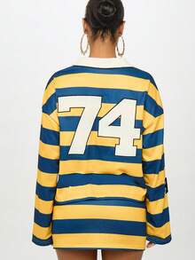 SUMWON WOMEN Varsity Rugby Stripe Collegiate Style Sweatshirt With Patches Retro Sports Number Football For Fall Winter Y2K Fashion - Multicolor - View 8