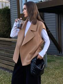 DAZY Damen lässiger einfarbiger locker sitzender ärmellose Wollmantel, Jacke/Weste für Herbst/Winter - Khaki - Übersicht 5