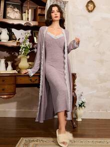 Côtesoire 撞色蕾丝拼接浪漫法式风女士睡衣套装，蕾丝边饰睡袍睡衣套装，薰衣草色连衣裙，秋冬服装 - 淺灰紫 - 查看 4