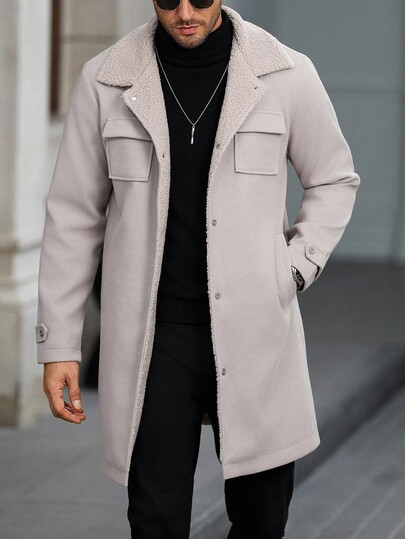 Manfinity Mode Men's Solid Color Long Sleeve Single-Breasted Cargo Pocket Casual Jacket, Autumn/Winter Men Winter Coat Men Beige Coat Men Coat With Sherpa Lining Men Shacket Men Outerwear