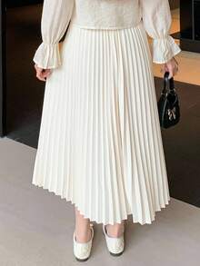 Váy xếp ly đơn sắc, cơ bản, thanh lịch, đa năng cho bé gái tuổi teen, mùa xuân, mùa hè và mùa thu - Màu be - Xem 2