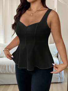 Vionelle 大码女式优雅无袖吊带背心，法式浪漫风格，适合办公室、通勤、下午茶、派对、度假，甜心领，前开衩，收腰，A 字廓形，适合春夏季荷叶边背心黑色荷叶边上衣女式黑色上衣优雅黑色上衣 - 黑色 - 查看 4