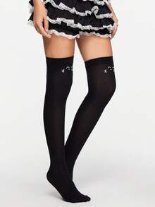 ROMWE Anime 1 双白色可爱卡哇伊猫脸纯色简约时尚个性化女士过膝袜，适合动漫 JK 裙装搭配、日常装、购物、上学等。 - 黑色 - 查看 2