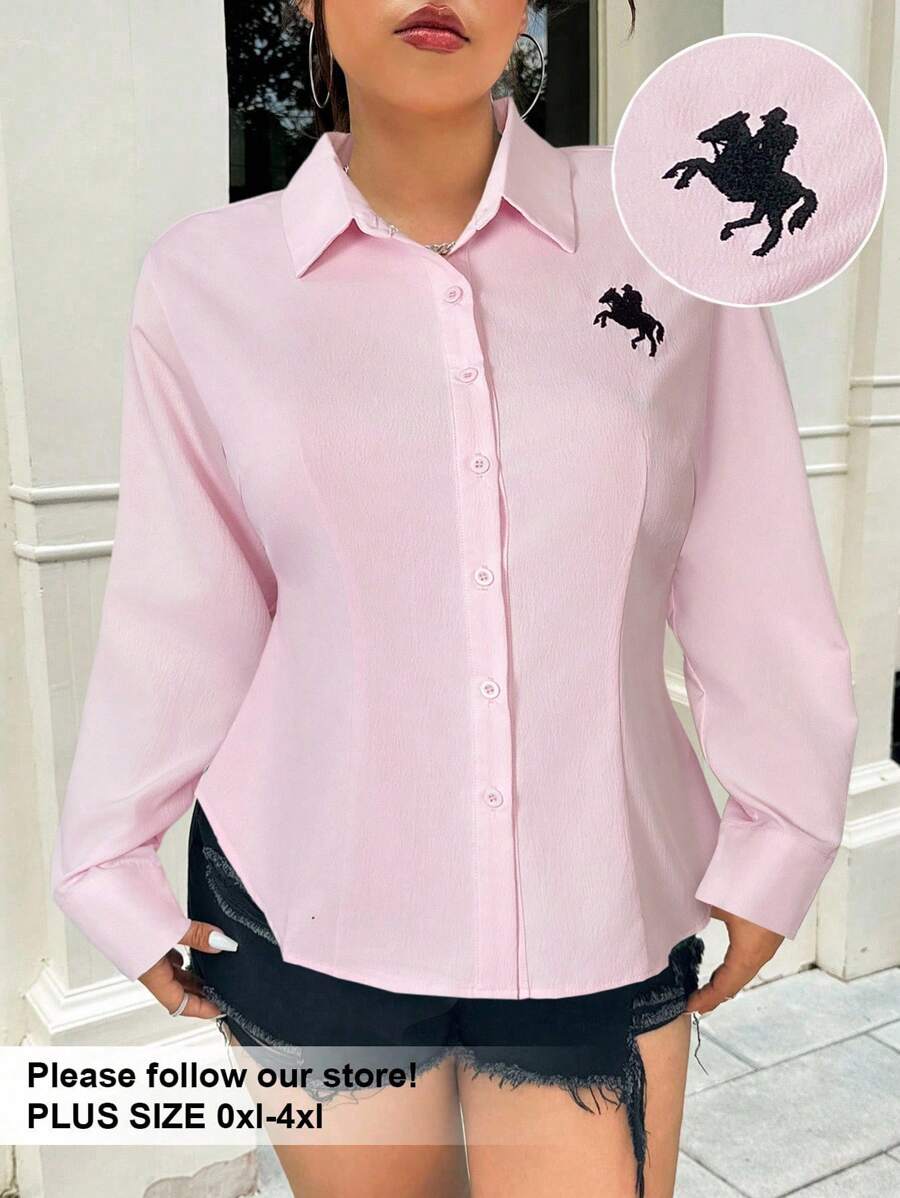 SHEIN EZwear 大码女式骑士印花长袖单排扣休闲衬衫,适合夏季、秋季和冬季 - 粉色 - 查看 1