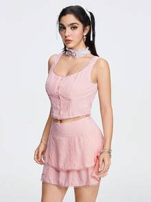 ROMWE Kawaii ملابس علوية بدون أكمام وتنورة بأزرار