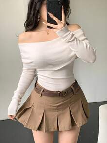 DAZY 女士优雅露肩纯色毛衣，秋季 - 米色 - 查看 6