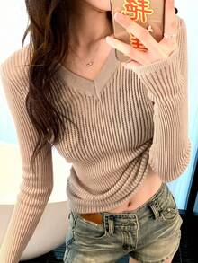DAZY V-Neck Long Sleeve Fitted Sheer Overlay Top, Autumn - Apricot - View 6