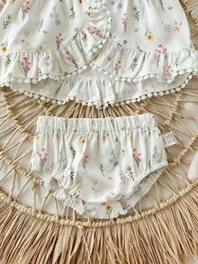 Bộ đồ liền thân họa tiết hoa kẻ sọc dễ thương mùa hè cho bé gái sơ sinh và quần short cạp chun - Nhiều màu - Xem 6