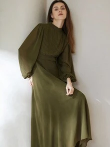 Aveloria Modichic Váy dài tay xếp ly eo trước bằng vải chiffon thanh lịch, đa năng khi đi làm - Màu xanh Ô liu - Xem 4