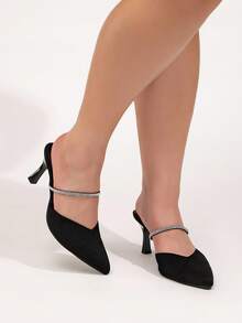CUCCOO CURVES Plus Size Women's Pointed Toe High Heel Rhinestone Embellished T-Strap Fashion Dress Pumps - Black - View 1