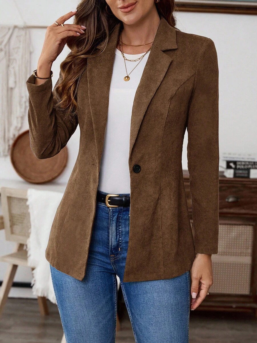 EMERY ROSE Women's Solid Color Lapel NeckLong Sleeve Single-Button Casual Blazer, Autumn,Fall - Brown - View 1