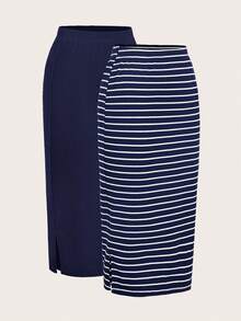 SHEIN LUNE Bộ 2 chân váy nữ kiểu dáng thường ngày, kẻ sọc và màu trơn, váy phối hợp cho nữ, váy kẻ sọc, kiểu dáng thường ngày. - Màu xanh lam - Xem 2